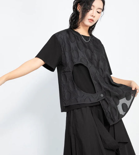 Women White Dot Printed Irregular Big Size T-shirt New Round Neck Short Sleeve Fashion Tide Spring Summer 2025 1DJ1011