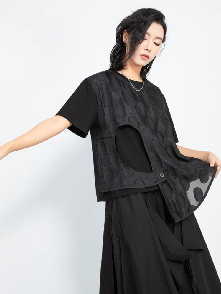 Women White Dot Printed Irregular Big Size T-shirt New Round Neck Short Sleeve Fashion Tide Spring Summer 2025 1DJ1011