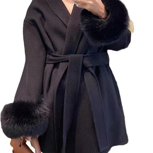 Load image into Gallery viewer, Solid Luxury Style Coats For Women Lapel Long Sleeve Patchwork Sashes Feathers Fashion Loose Jacket Female Winter
