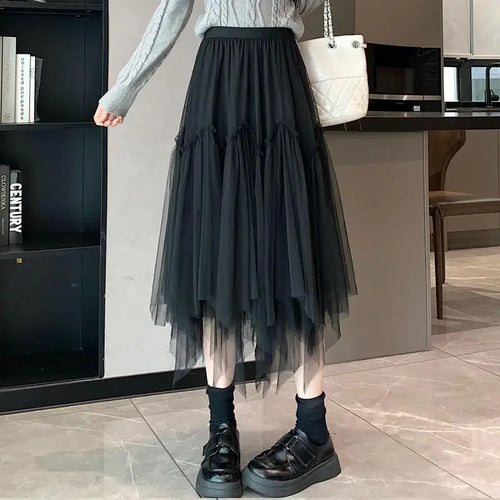 Load image into Gallery viewer, Vintage Autumn White Elegant Pleated Irregular Long Skirt For Women's Black High Waist A-line Mesh Skirts 2024 Versatile Popular
