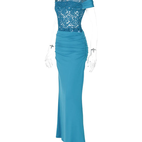 Load image into Gallery viewer, Off-shoulder Strapless Sexy Maxi Dress For Women Elegant Blue Sleeveless Backless Lace Patchwork Bodycon Long Dress
