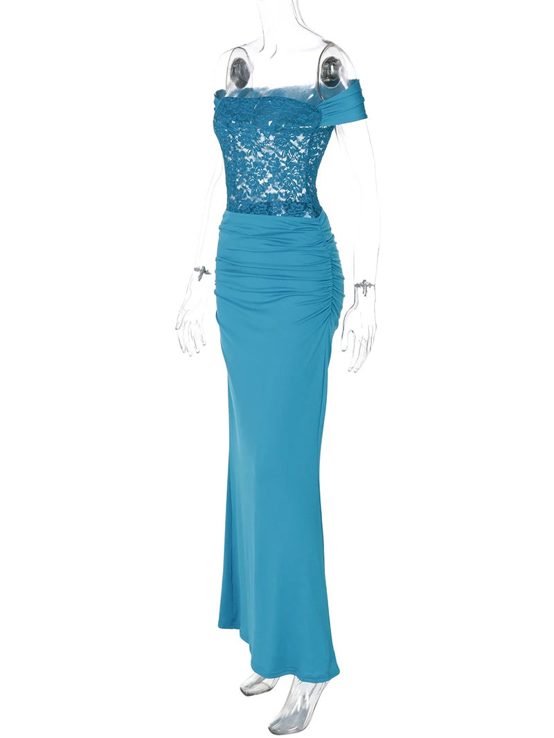 Off-shoulder Strapless Sexy Maxi Dress For Women Elegant Blue Sleeveless Backless Lace Patchwork Bodycon Long Dress