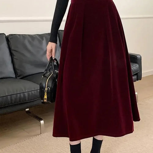 Load image into Gallery viewer, Autumn Winter Warm Vintage Red Elegant Velvet A-line Skirt For Women 2024 High Waist Casual Black Party Pleated Big Swing Skirts
