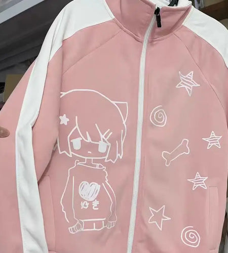 Women Clothing Japanese Cute Jackets Stand Neck Zipper Outwear Y2k Tops Casual Fashion Anime Print Oversized Coats 49B532