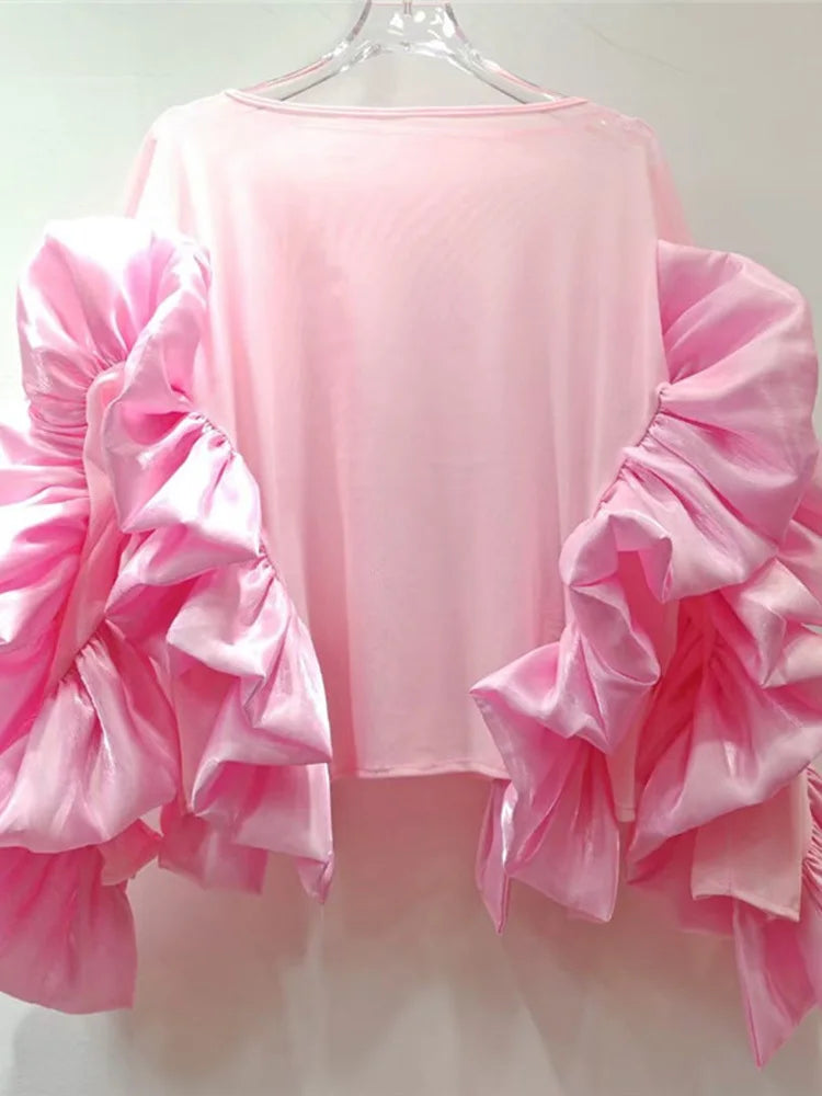 Women White Mesh Perspective Ruffles Big Size T-shirt New Round Neck Long Sleeve Fashion Tide Spring Autumn 2025 1DJ0036