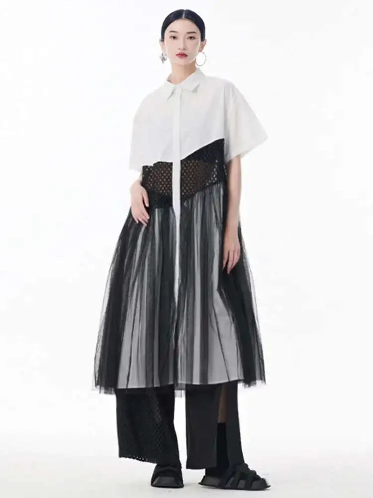 Women White Mesh Color-block Big Size Midi Shirt Dress New Lapel Short Sleeve Fashion Tide Spring Summer 2025 1DJ0045