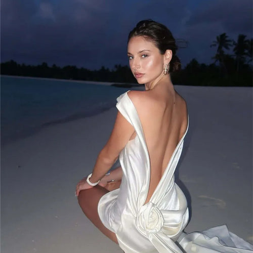 Load image into Gallery viewer, Satin Backless Sexy Maxi Dress For Women Elegant Rose Thigh High Split Beach Holiday Long Dress Gorgeous Club Gown
