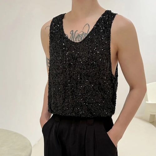 Load image into Gallery viewer, Summer Fashion Men&#39;s Tank Tops Solid Color Loose Round Neck Sleveeless Sequins Casual Male Top New Stylish 9C6109
