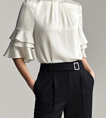 Summer Women Elegant Blouse Business Work Casual Half Ruffle Sleeves Layered White Woman Shirts Top Trendy