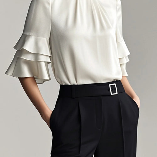 Load image into Gallery viewer, Summer Women Elegant Blouse Business Work Casual Half Ruffle Sleeves Layered White Woman Shirts Top Trendy
