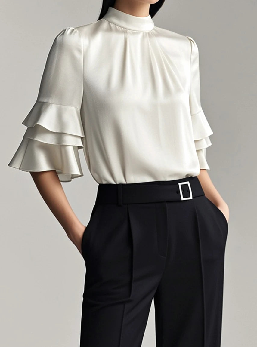 Summer Women Elegant Blouse Business Work Casual Half Ruffle Sleeves Layered White Woman Shirts Top Trendy