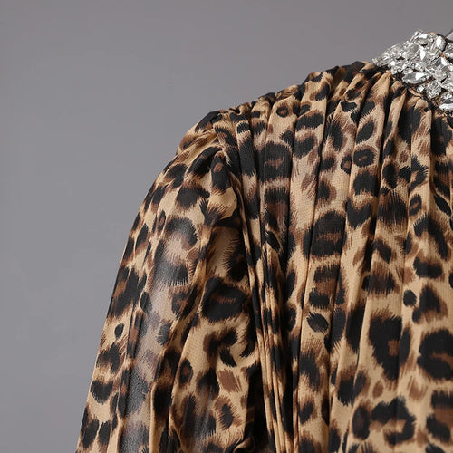 Load image into Gallery viewer, Women Brown Leopard Printed Rhinestones Long Dress New Round Neck Long Sleeve Fashion Tide Spring Autumn 2025 3WM2692
