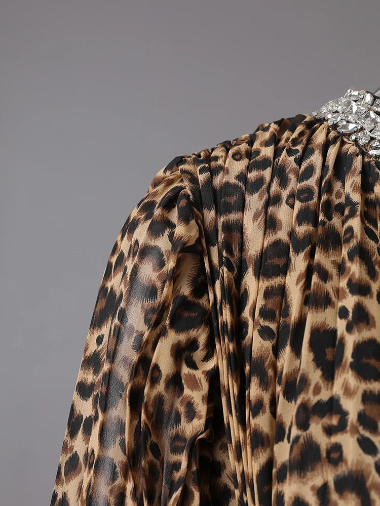 Women Brown Leopard Printed Rhinestones Long Dress New Round Neck Long Sleeve Fashion Tide Spring Autumn 2025 3WM2692