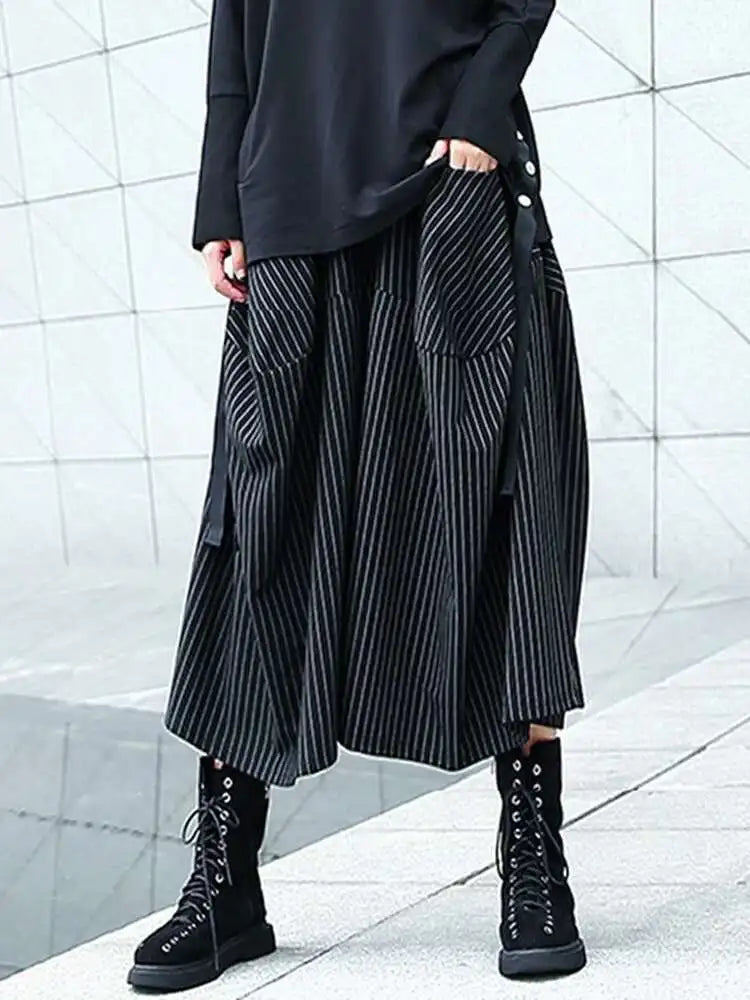 High Elastic Waist Black Striped Long Wide Leg Casual Pants New Trousers Women Fashion Tide Spring Autumn 2025 1DH8290