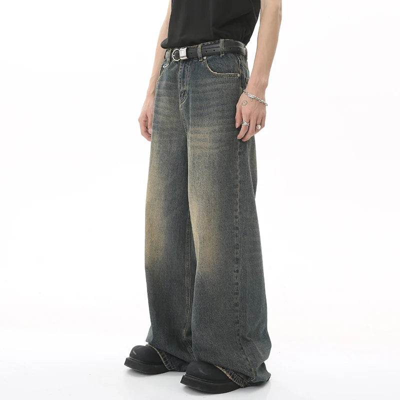 Summer Men's Denim Pants Old Blue Washed Male Jeans Straight Casual Menwear Loose Wide Leg Trousers Fashion 9C354