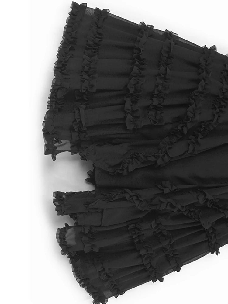 High Elastic Waist Black Irregular Ruffles A-line Half-body Skirt Women Fashion Tide New Spring Autumn 2025  1DJ1106