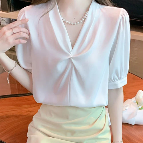 Load image into Gallery viewer, Korean Style V-neck Chic Pleated Women Blouse Puff Sleeve Elegant Summer Office Ladies Solid Color Casual Female Blouses
