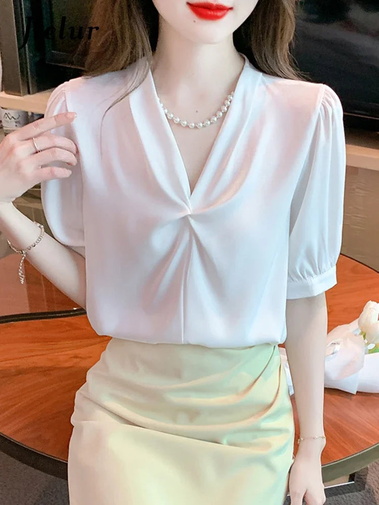 Korean Style V-neck Chic Pleated Women Blouse Puff Sleeve Elegant Summer Office Ladies Solid Color Casual Female Blouses