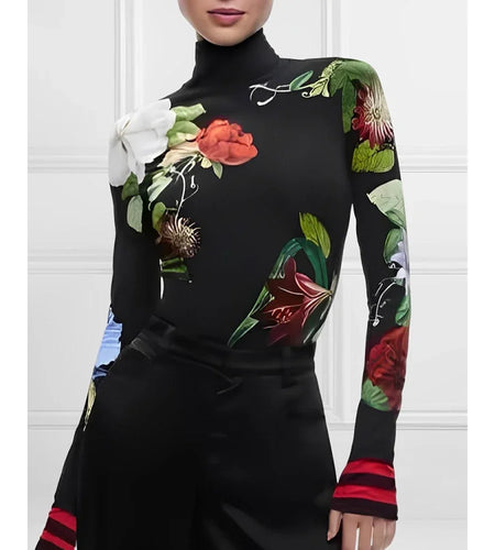 Autumn Winter Women's Vintage Pullover Tops Long Sleeves Skinny Floral Printed Split-Joint High Neck Trendy T-shirts for Woman