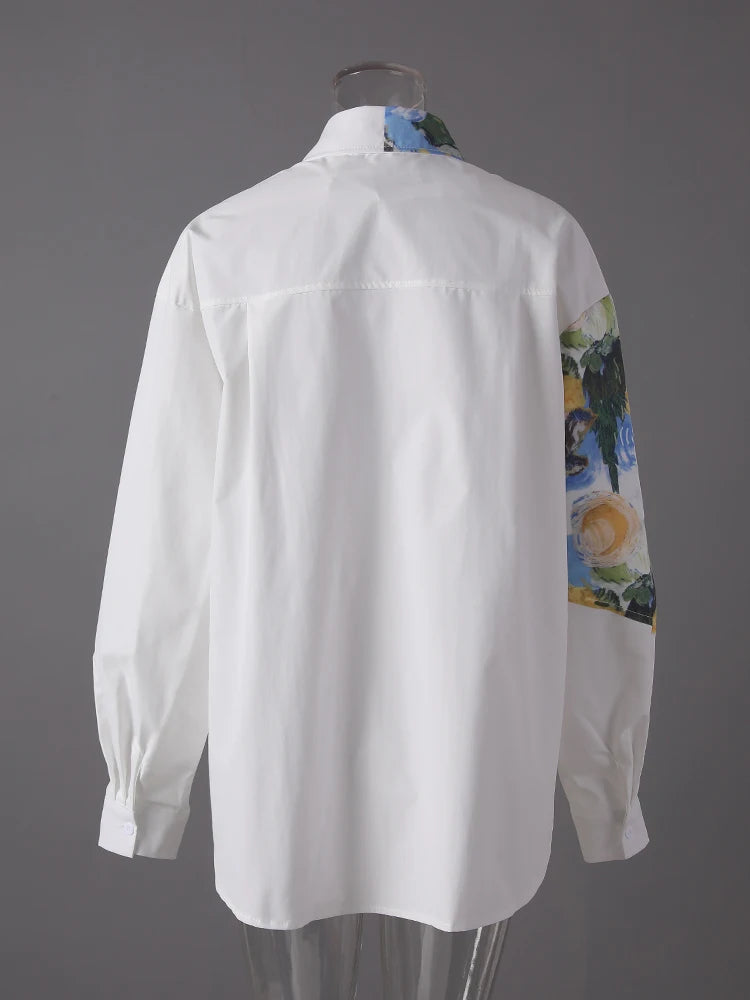 Women White Pattern Printed Big Size Elegant Blouse New Lapel Long Sleeve Shirt Fashion Tide Spring Autumn 2025 CPG3114