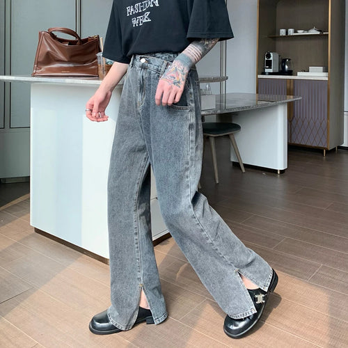 Load image into Gallery viewer, Niche Design Men&#39;s Denim Pants Slit Casual Wide Leg Flared Trousers Straight Loose Solid Color Male Jeans Autumn 9C6894
