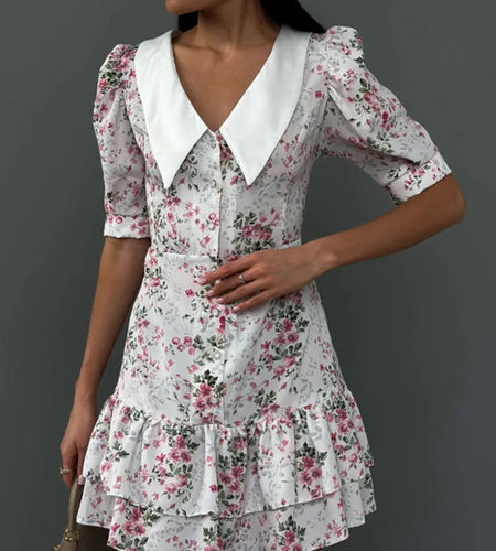 Short Sleeve Floral Mini Dress For Women Robe Turn-down Collar Elegant French Dress Ladies Fashion High Waist Dresses