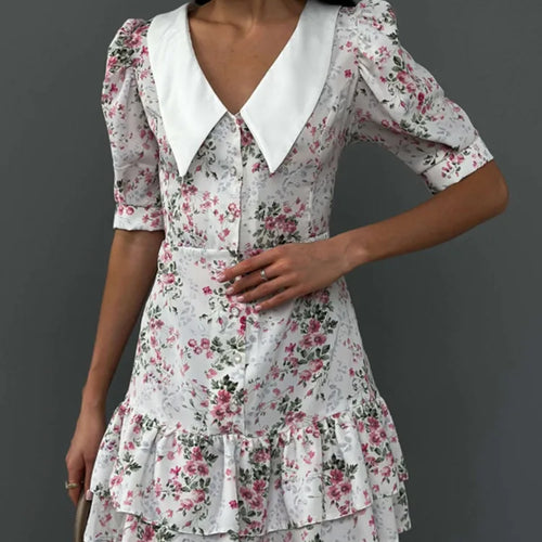 Load image into Gallery viewer, Short Sleeve Floral Mini Dress For Women Robe Turn-down Collar Elegant French Dress Ladies Fashion High Waist Dresses
