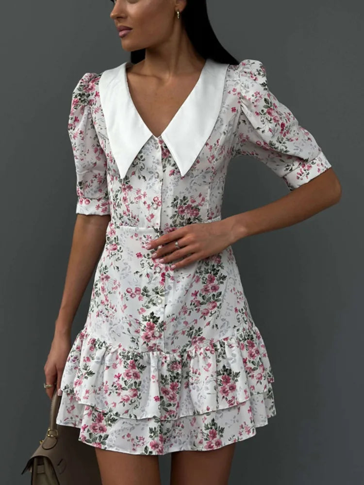 Short Sleeve Floral Mini Dress For Women Robe Turn-down Collar Elegant French Dress Ladies Fashion High Waist Dresses