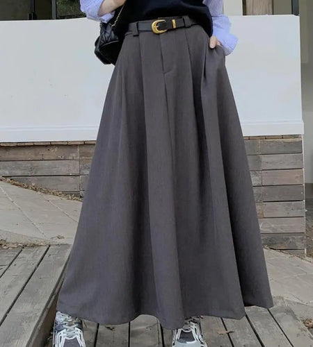 Autumn Black Pockets Long Skirt Women With Belt 2023 Fashion Korean Ladies High Waist Pleated A-line Grey Suit Skirt Female Chic