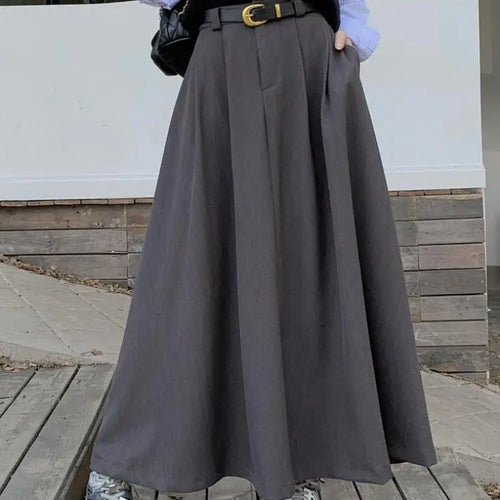Load image into Gallery viewer, Autumn Black Pockets Long Skirt Women With Belt 2023 Fashion Korean Ladies High Waist Pleated A-line Grey Suit Skirt Female Chic
