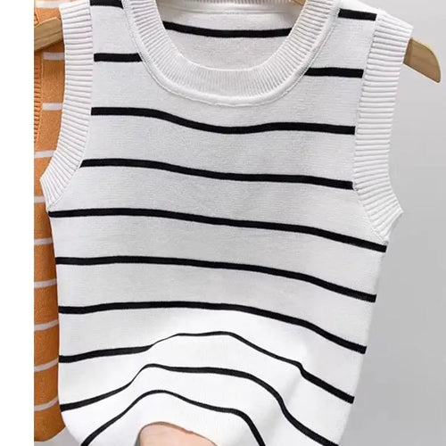 Load image into Gallery viewer, New 2024 Vintage Basic Bottoming Striped Patchwork Knit Vest Women Autumn Winter Elegant Sleeveless Slim Short Tank Tops Fashion
