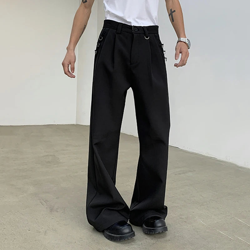 Metal Design Suit Pants Straight Wide Leg Men Loose Wide Leg Casual Spring Korean Fashion Male Trousers 9C5073