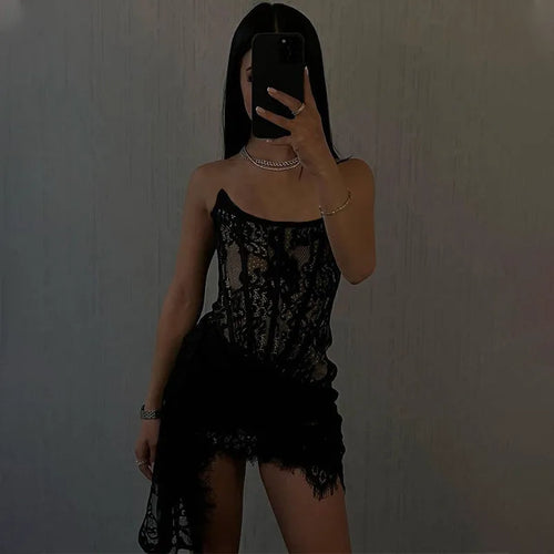 Load image into Gallery viewer, Lace Strapless Ruched Sexy Mini Dress For Women Fashion Fishbone Off-shoulder Sleeveless Backless Club Party Dress
