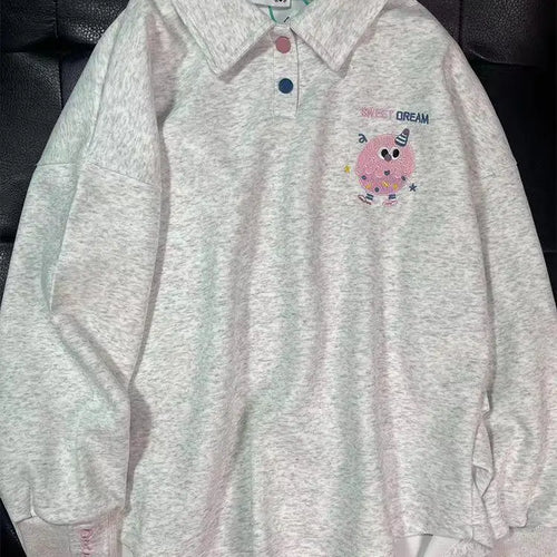 Load image into Gallery viewer, Korean Fashion 2024 Autumn Winter New Gray Letter Print Button Cotton Sweatshirt Women Long Sleeve Loose Pullover Tops Trend Y2k
