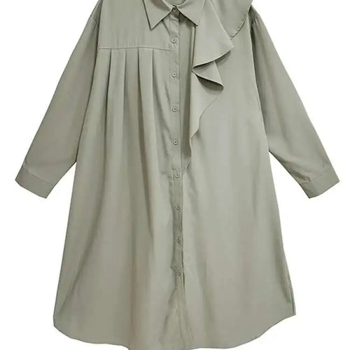 Load image into Gallery viewer, Women Gray Ruffles Pleated Midi Elegant Big Size Shirt Dress New Lapel Long Sleeve Fashion Tide Spring Autumn 2025 1DH7415
