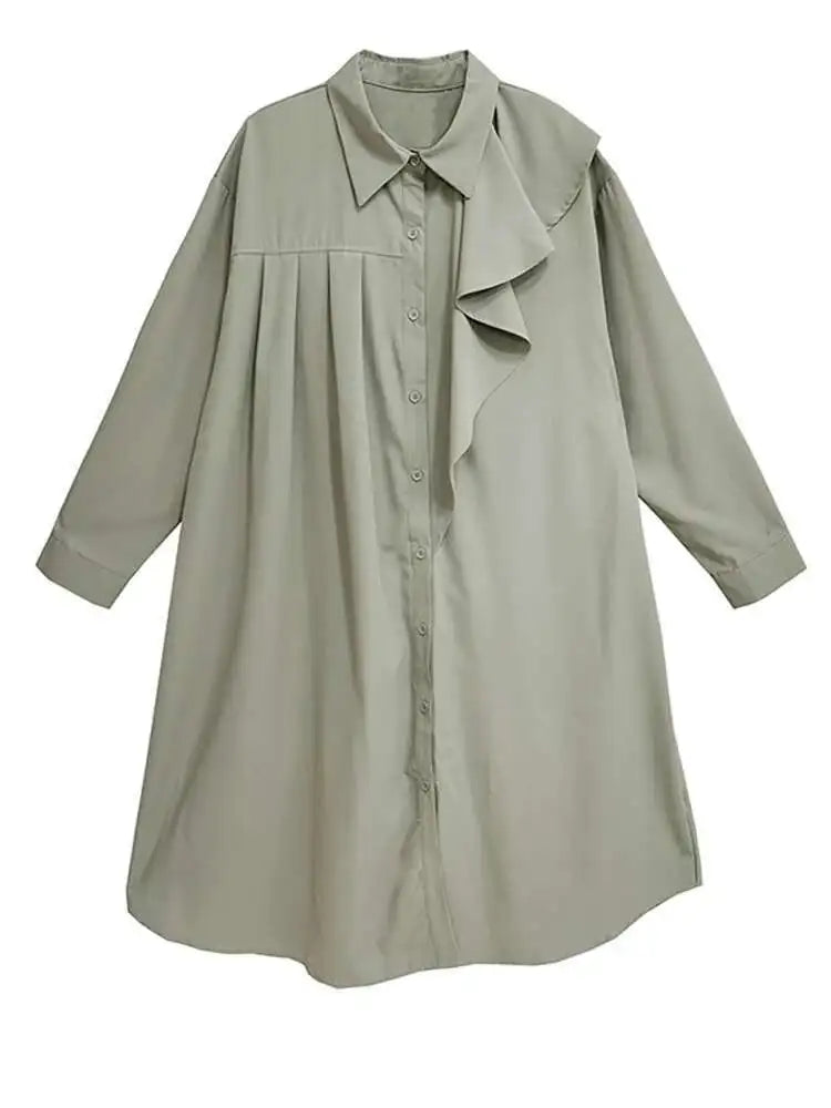 Women Gray Ruffles Pleated Midi Elegant Big Size Shirt Dress New Lapel Long Sleeve Fashion Tide Spring Autumn 2025 1DH7415