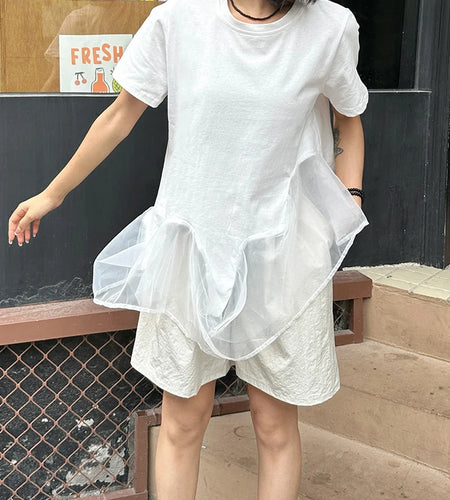 Women White Organza Irregular Hem Casual T-shirt New Round Neck Short Sleeve Fashion Tide Spring Summer 2025 1DJ1395