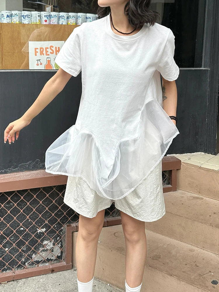 Women White Organza Irregular Hem Casual T-shirt New Round Neck Short Sleeve Fashion Tide Spring Summer 2025 1DJ1395