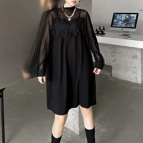 Load image into Gallery viewer, Women Black Mesh Lace Big Size Elegant Knee-Length Dress New Turtleneck Long Sleeve Fashion Spring Autumn 2025 1DH8734
