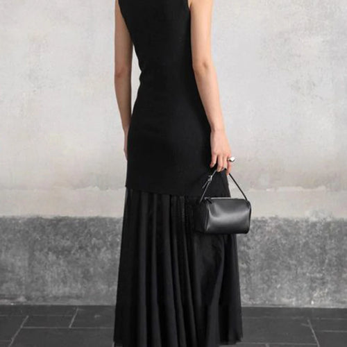 Load image into Gallery viewer, Slimming Spliced Meah Knit Dresses for Women Stand Neck Sleeveless Patchwork Folds Elegant Dress Female Clothes New
