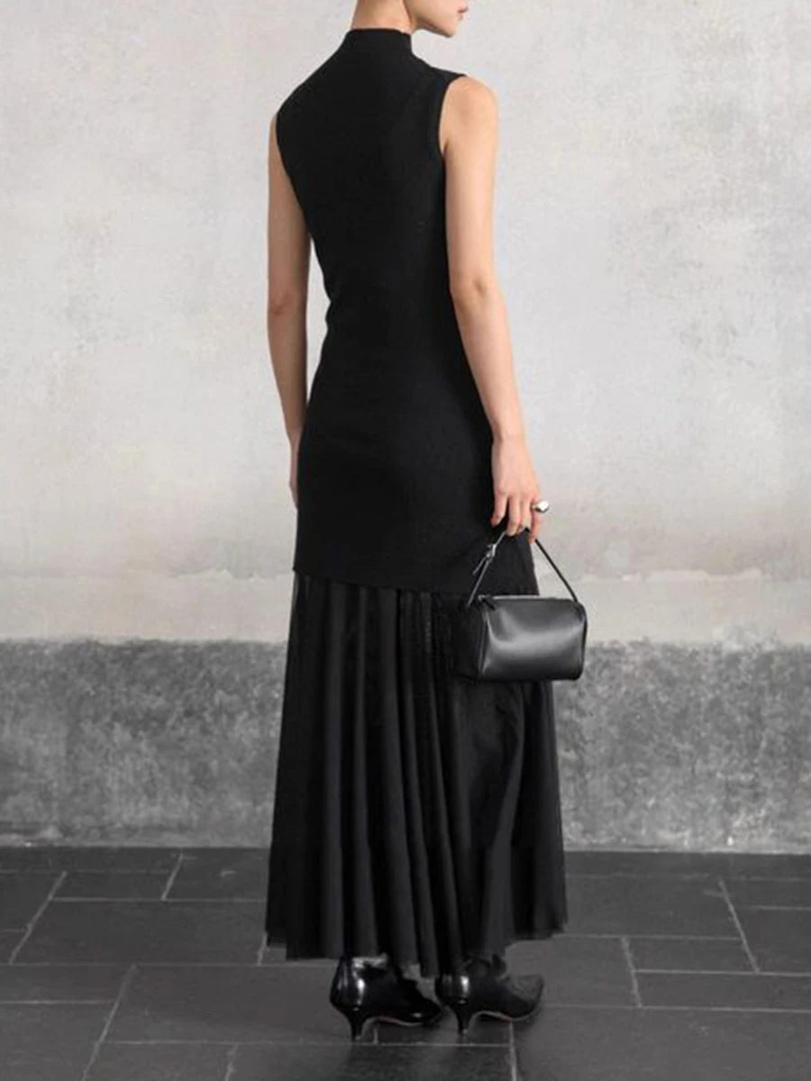 Slimming Spliced Meah Knit Dresses for Women Stand Neck Sleeveless Patchwork Folds Elegant Dress Female Clothes New