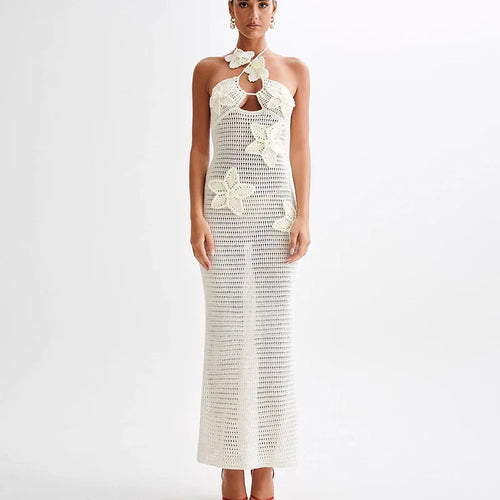 Load image into Gallery viewer, See Through Crochet Floral Knit Sexy Maxi Dress For Women Halter Sleeveless Backless Party Long Dress Beachwear New
