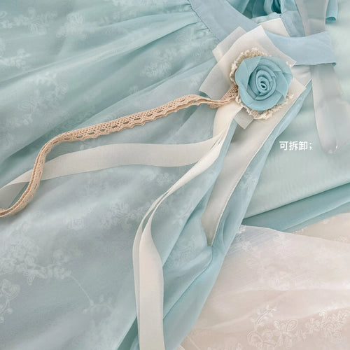 Load image into Gallery viewer, Summer French Vintage Blue Patchwork Lace Elegant Party Dress Women Round Neck Sleeveless Ruffle Edge Off Shoulder Pleated Dress
