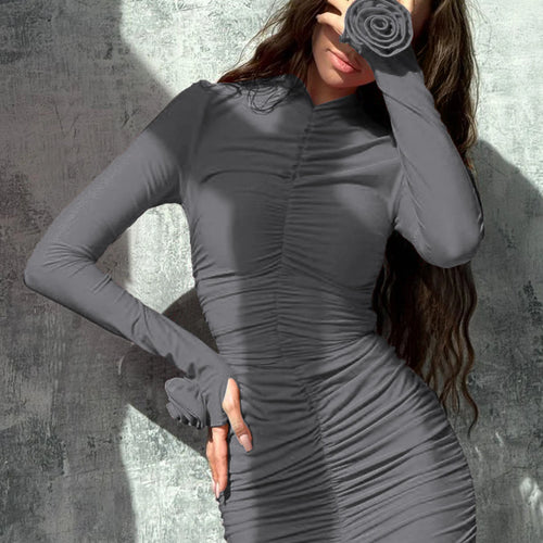 Load image into Gallery viewer, Solid Turtleneck Long Sleeve Ruched Tie Flowers Pleated Sexy Mini Dress Autumn Women Elegant Y2K Outfit Birthday Party
