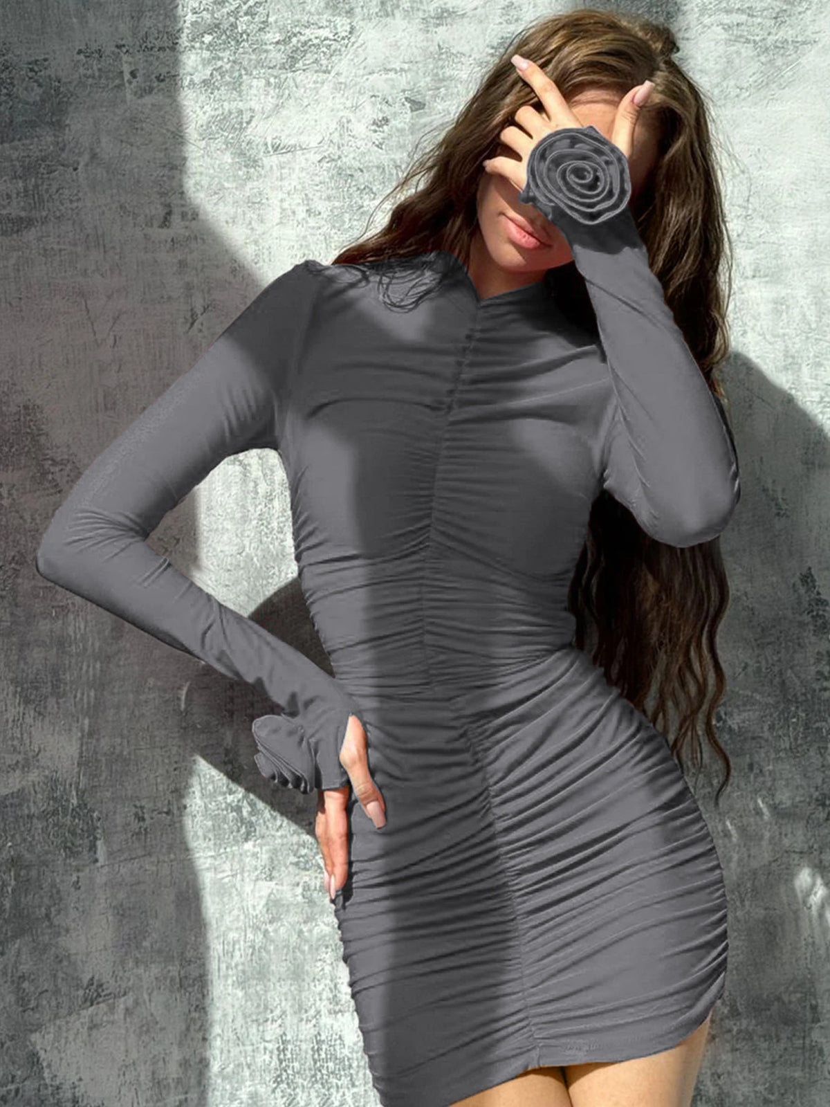 Solid Turtleneck Long Sleeve Ruched Tie Flowers Pleated Sexy Mini Dress Autumn Women Elegant Y2K Outfit Birthday Party