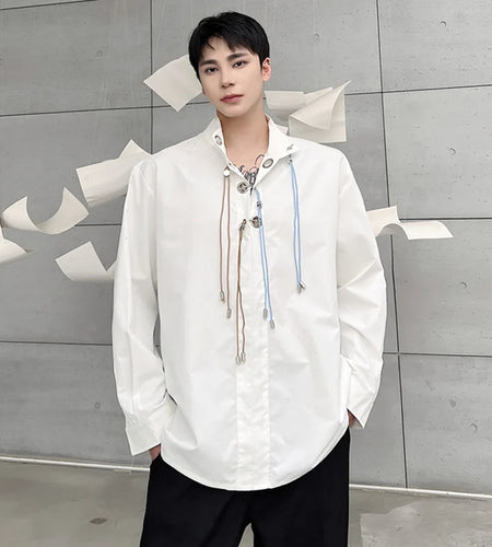 Male Shirts New Niche Design Buckle Rope Decoration Long Sleeved Shirt Trendy Casual Solid Color Stand Collar Top 9W1282