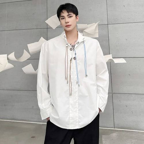 Load image into Gallery viewer, Male Shirts New Niche Design Buckle Rope Decoration Long Sleeved Shirt Trendy Casual Solid Color Stand Collar Top 9W1282
