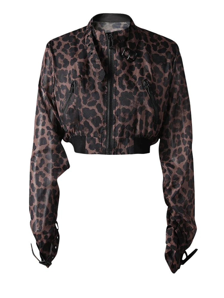 Black Leopard Printed Thin Short Jacket New Stand Collar Long Sleeve Women Coat Fashion Tide Spring Summer 2025 CPG3170