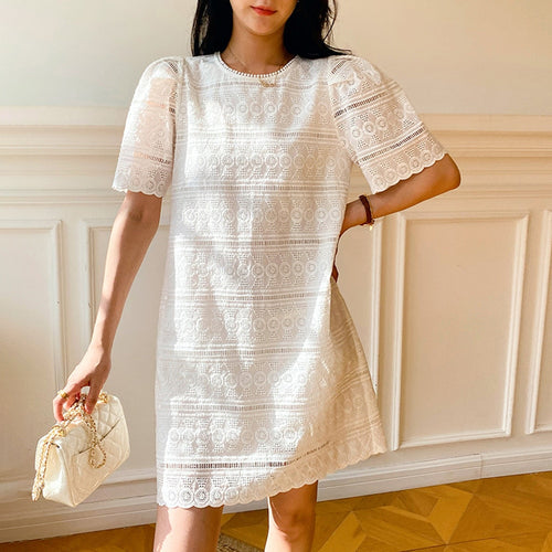 Load image into Gallery viewer, Patchwork Embroidery Dresses For Women Round Neck Short Sleeve High Waist Solid Casual Mini Dress Female Fashion
