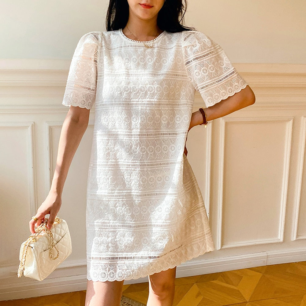 Patchwork Embroidery Dresses For Women Round Neck Short Sleeve High Waist Solid Casual Mini Dress Female Fashion